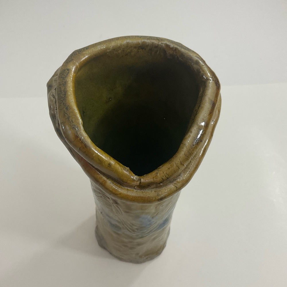 Handmade Ceramics Pottery Vase G Tan Brown and Accented Blue signed by Sheila